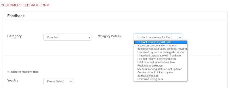 Select Complaint Category Details to Fill eFeedback Form in Pos Laju