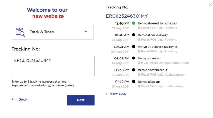 Poslaju Tracking Result on Pos.com.my website